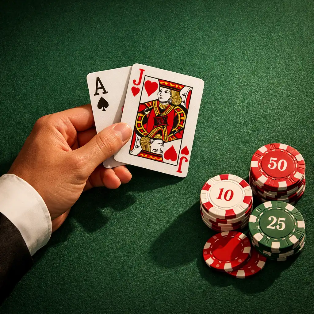 Ręka krupiera trzymająca karty do blackjacka nad stołem