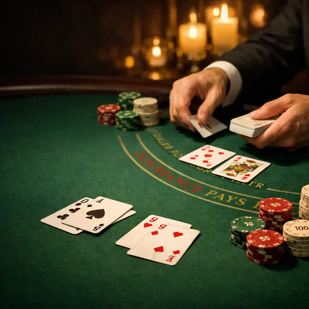 Stół do blackjacka z rozłożonymi kartami i żetonami, dłonie krupiera rozdającego karty