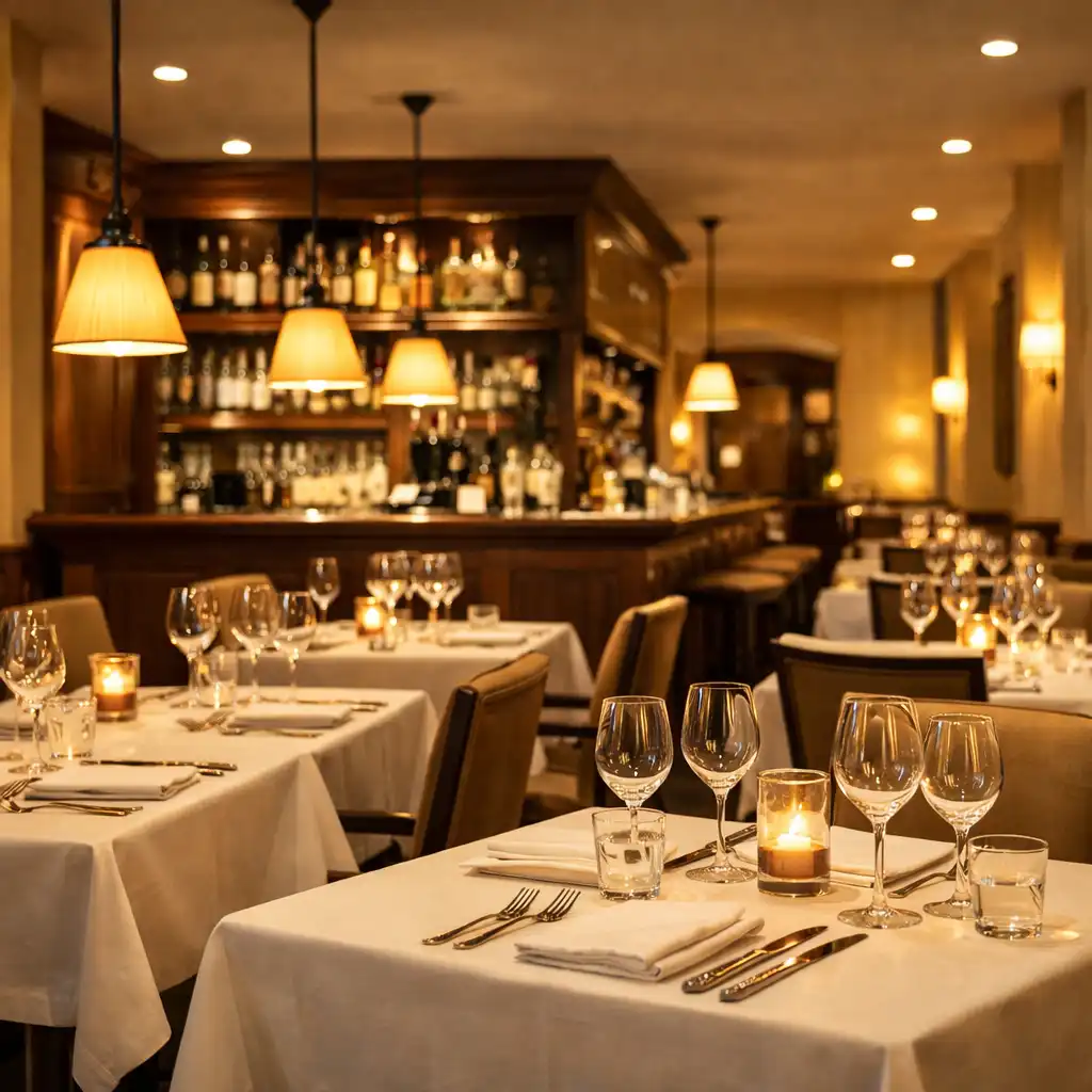 Wnętrze eleganckiej restauracji z widokiem na salę główną, stołami nakrytymi białymi obrusami i barem z ciemnego drewna