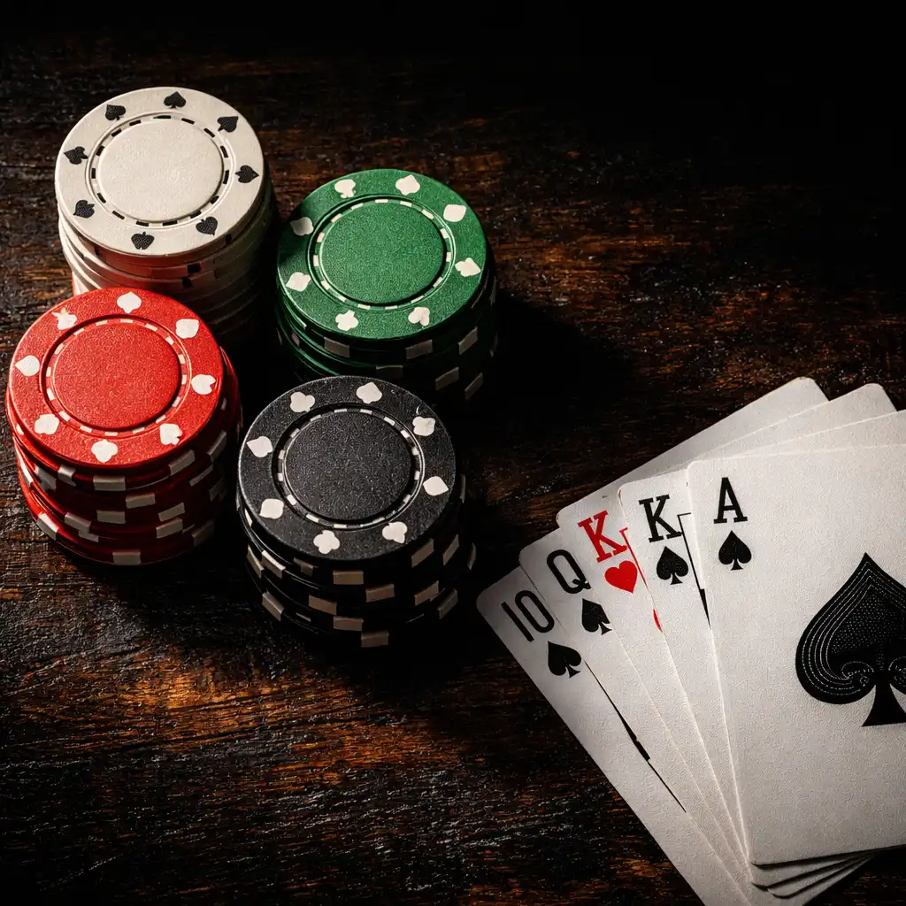 Makrofotografia żetonów pokerowych w kolorach białym, czerwonym, zielonym i czarnym oraz rozłożonych kart