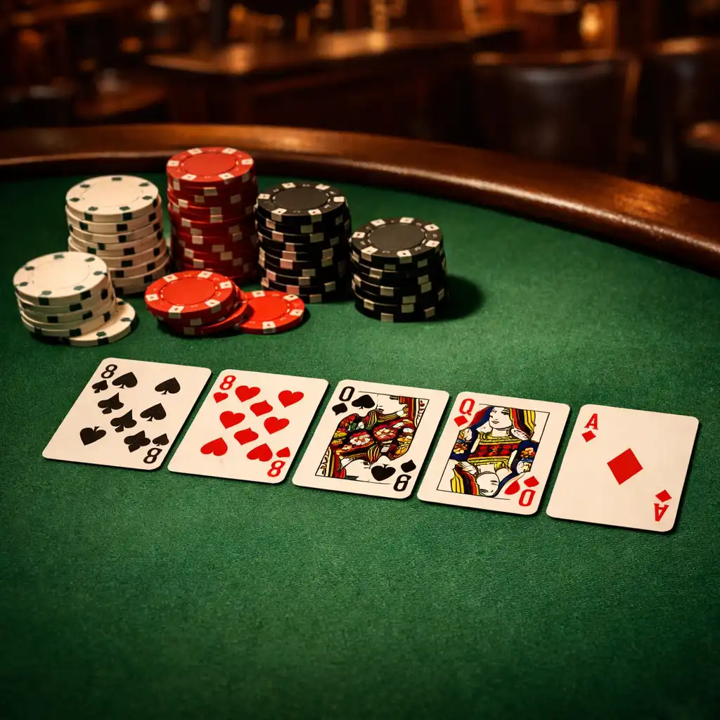 Elegancki stół pokerowy z zielonym suknem, kartami i żetonami w ciepłym świetle restauracji