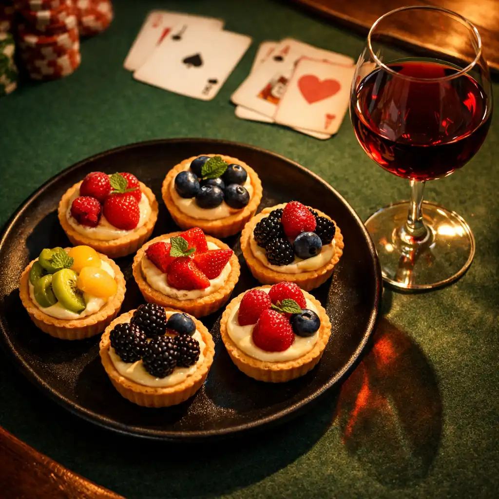 Elegancka przekąska przy stole pokerowym: małe tarty z kremem i owocami oraz kieliszek czerwonego wina