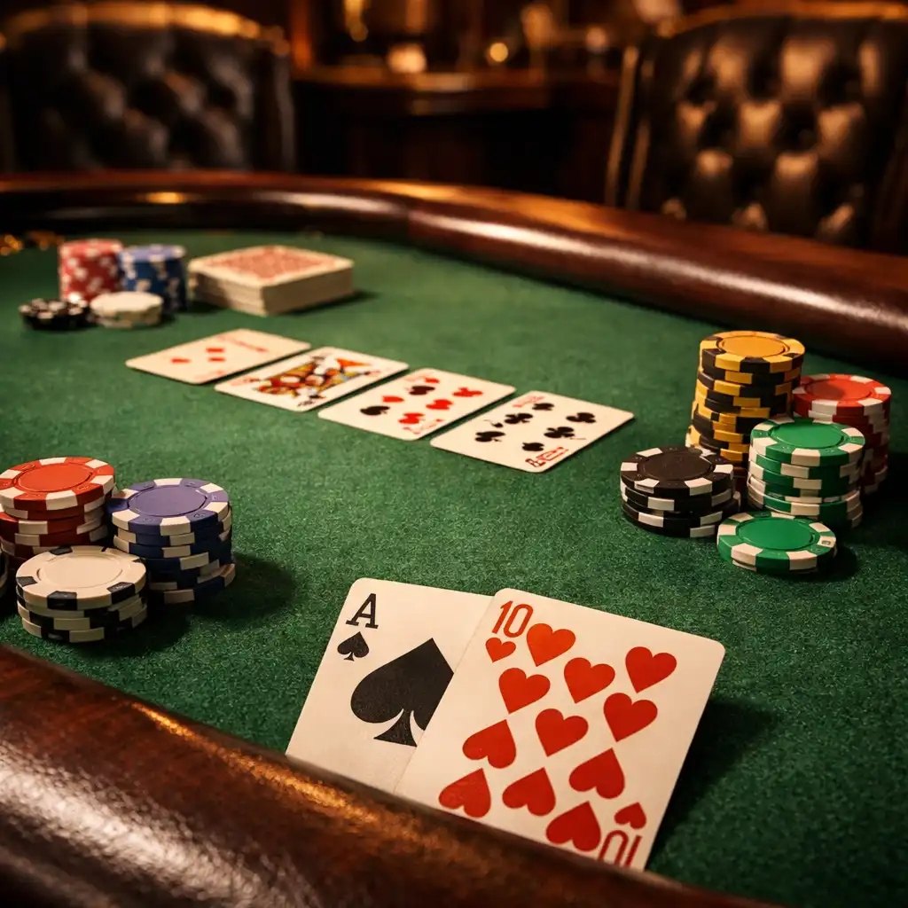Profesjonalny stół pokerowy o owalnym kształcie z zielonym suknem i ciemnymi drewnianymi podłokietnikami
