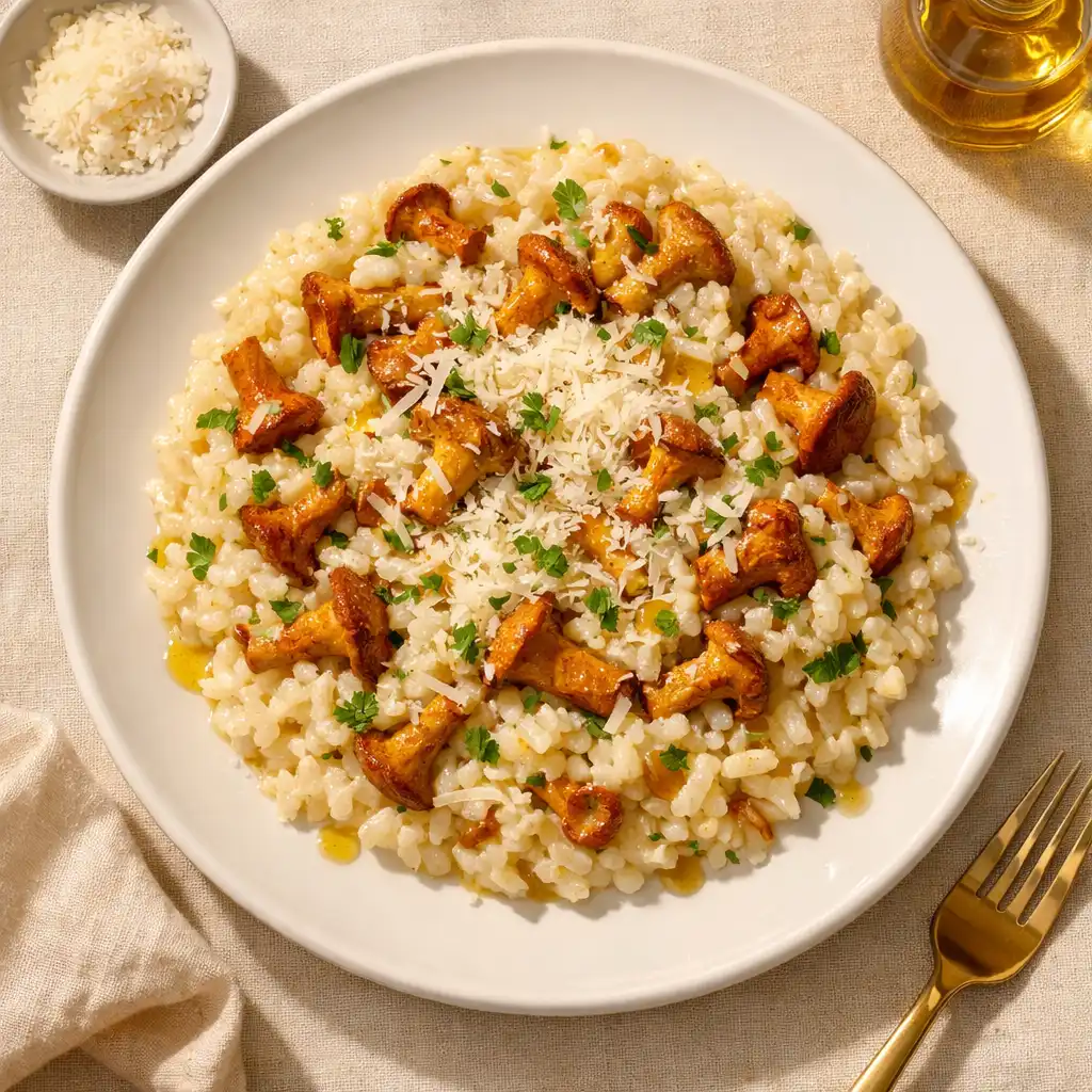 Risotto z kurkami i parmezanem, posypane serem i skropione oliwą truflową