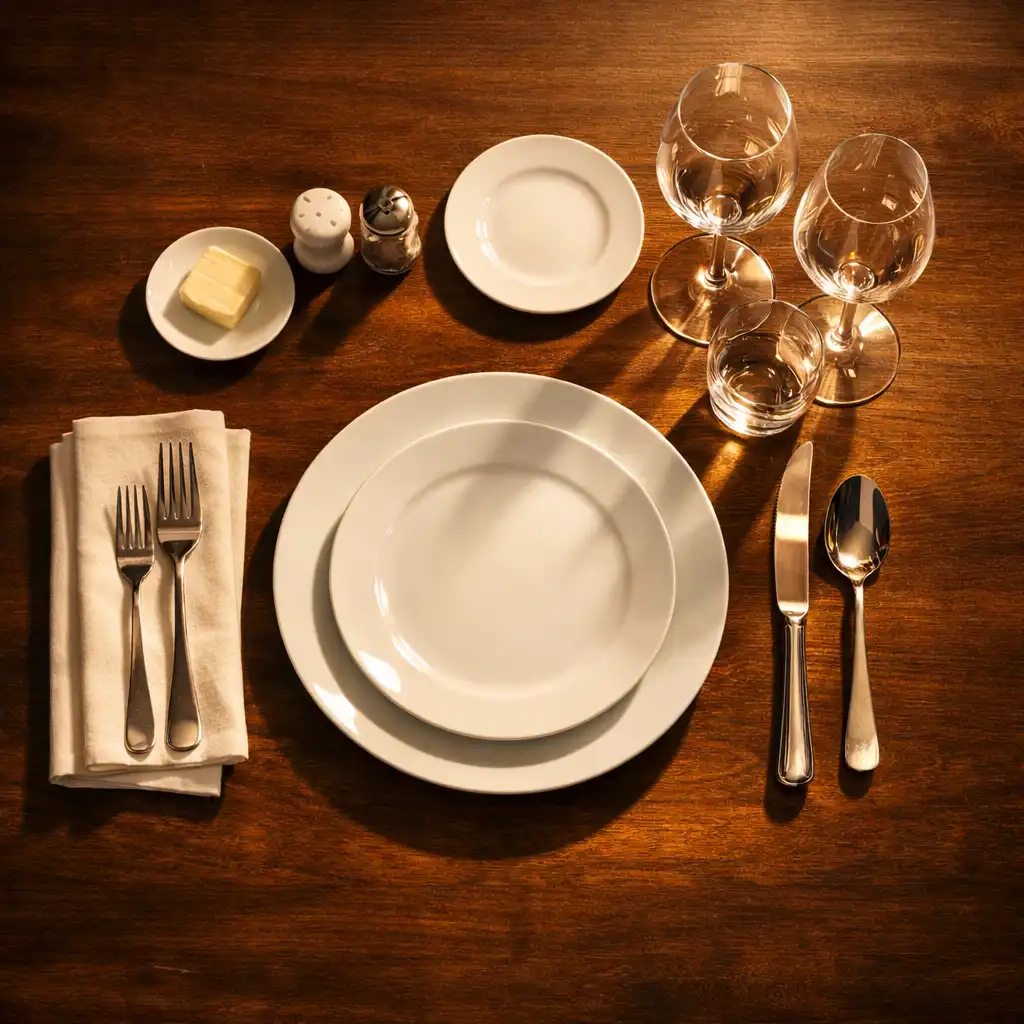 Elegancki stół restauracyjny z białą zastawą i kieliszkami, na ciemnym drewnianym blacie, z miękkimi cieniami