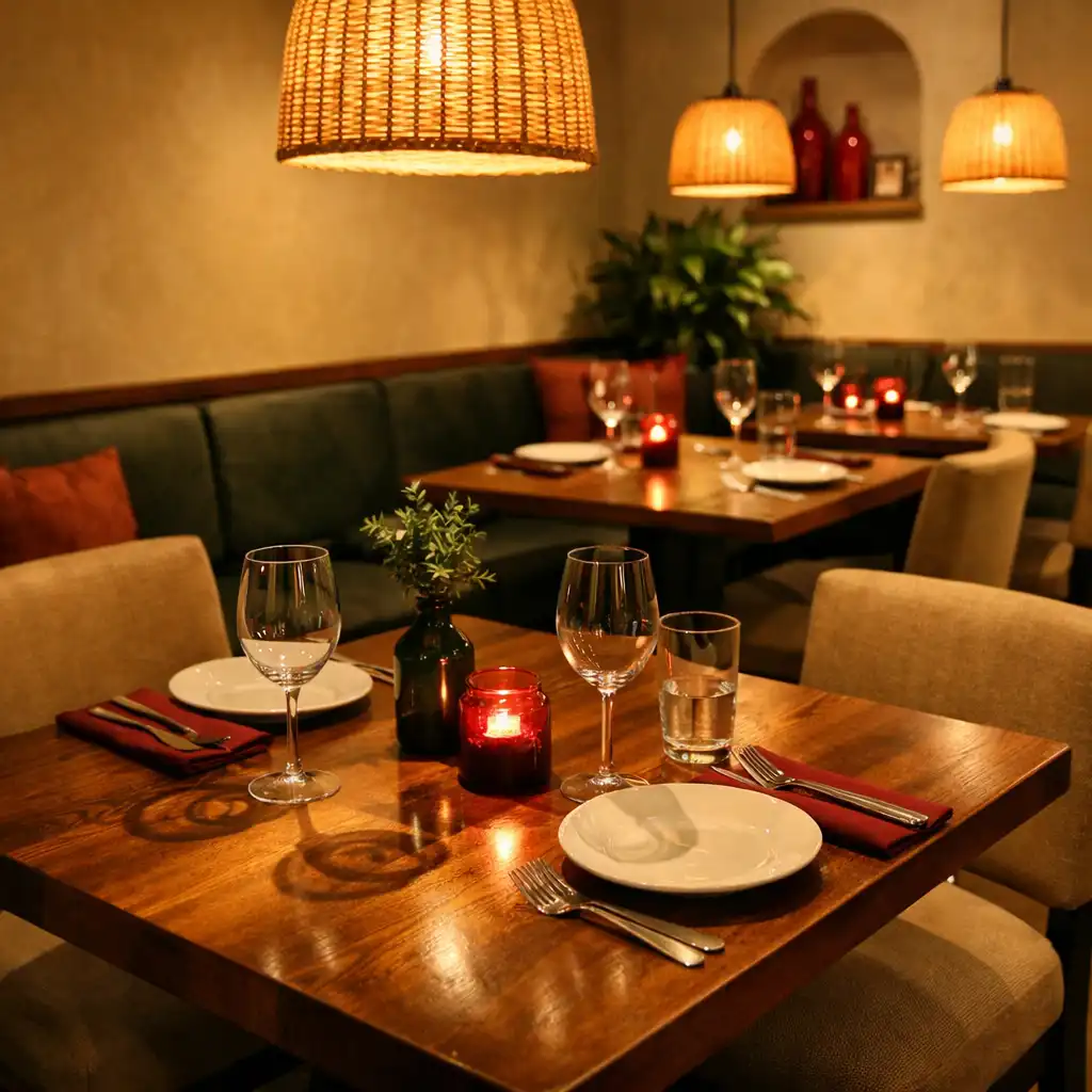 Wnętrze restauracji z drewnianymi stołami i wiszącymi lampami, rzucającymi ciepłe cienie na blaty