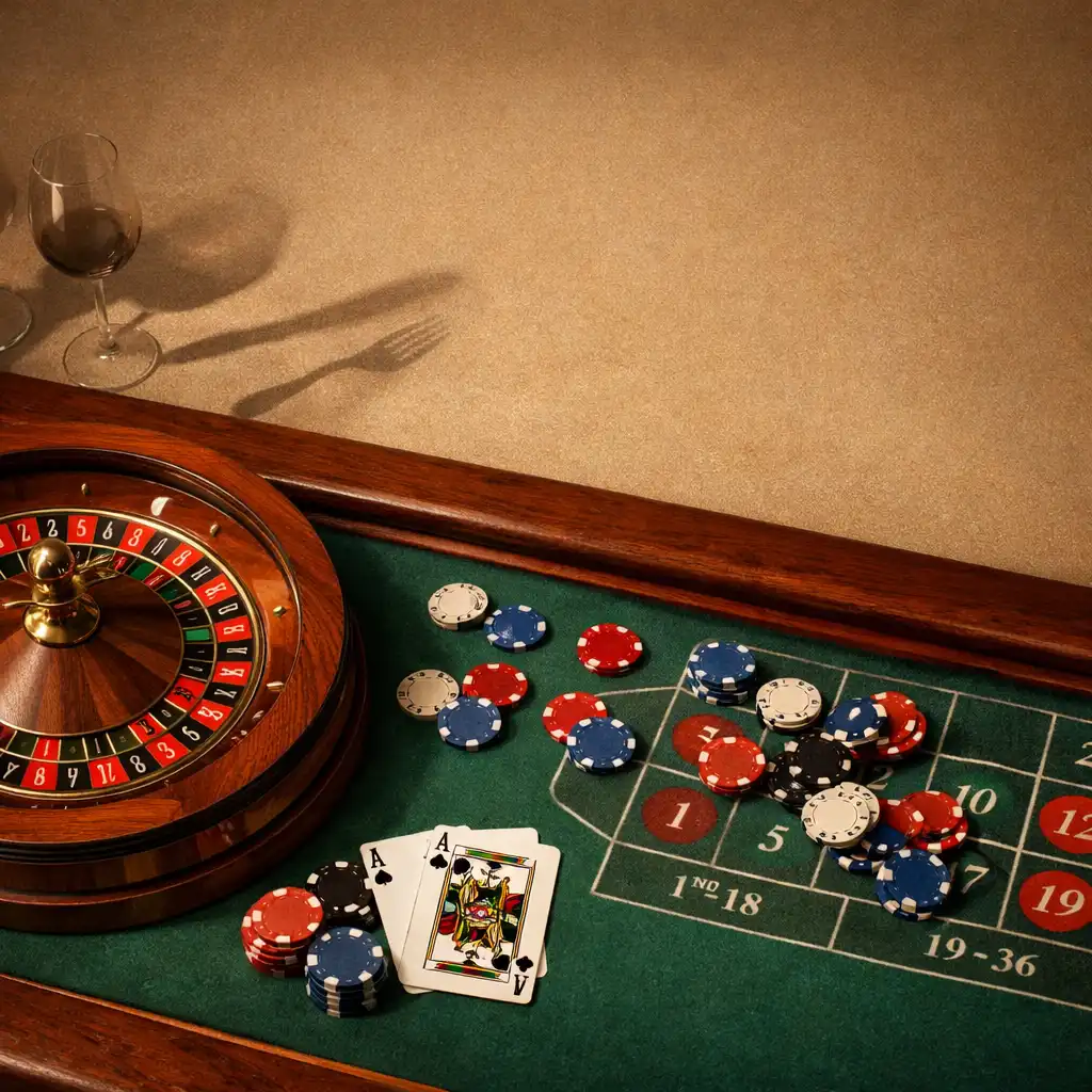 Elegancki stół do ruletki z kołem, żetonami i kartami do blackjacka w ciepłym świetle restauracji Xuravexo