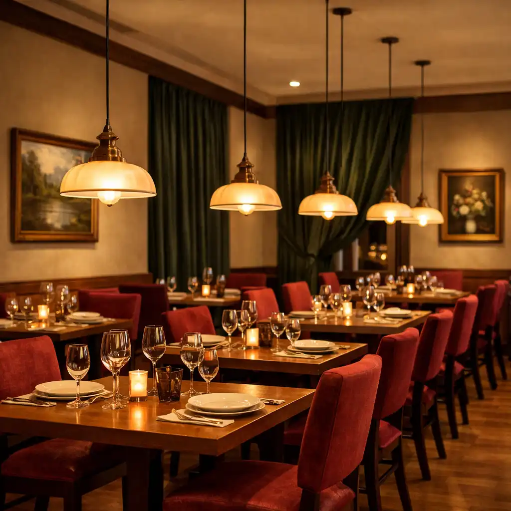 Główna sala restauracyjna z drewnianymi stołami i wiśniowymi krzesłami