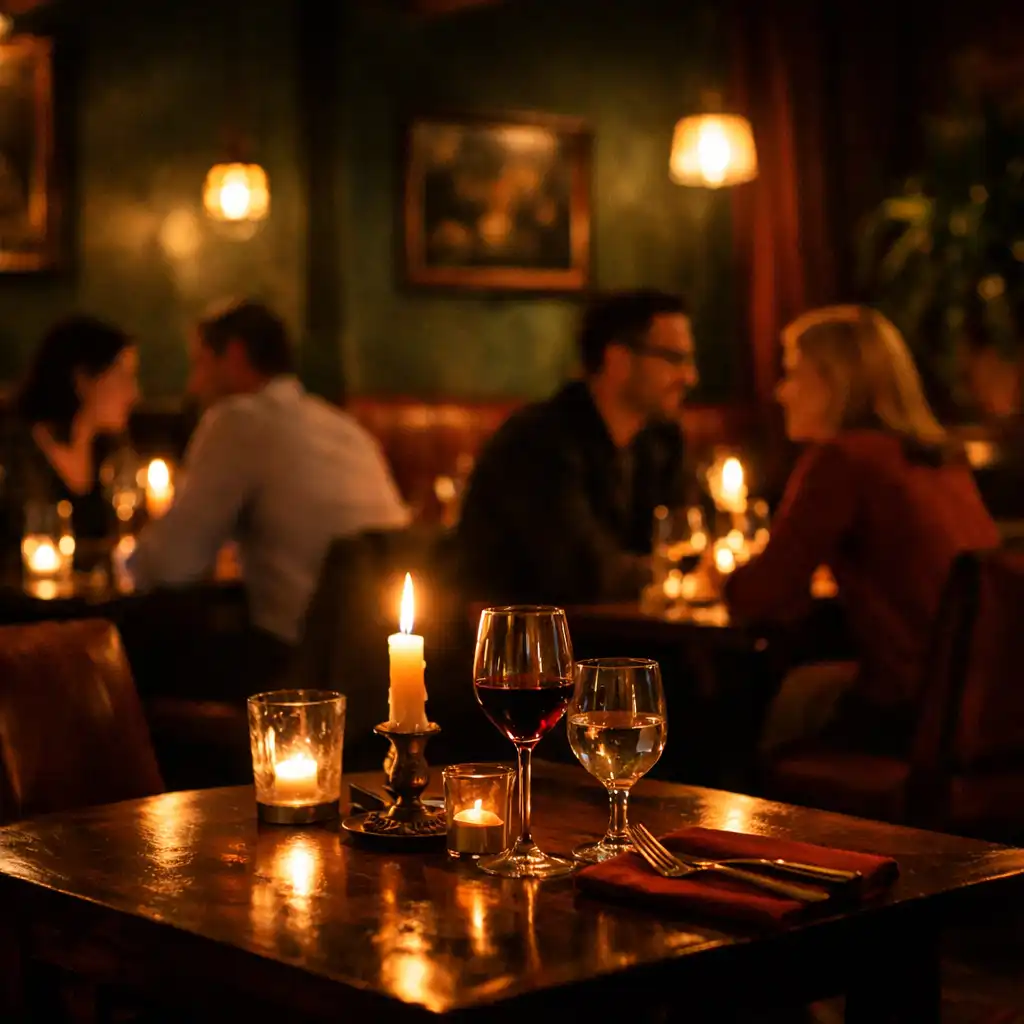 Wieczorne wnętrze restauracji z przygaszonym światłem i świecami na stołach