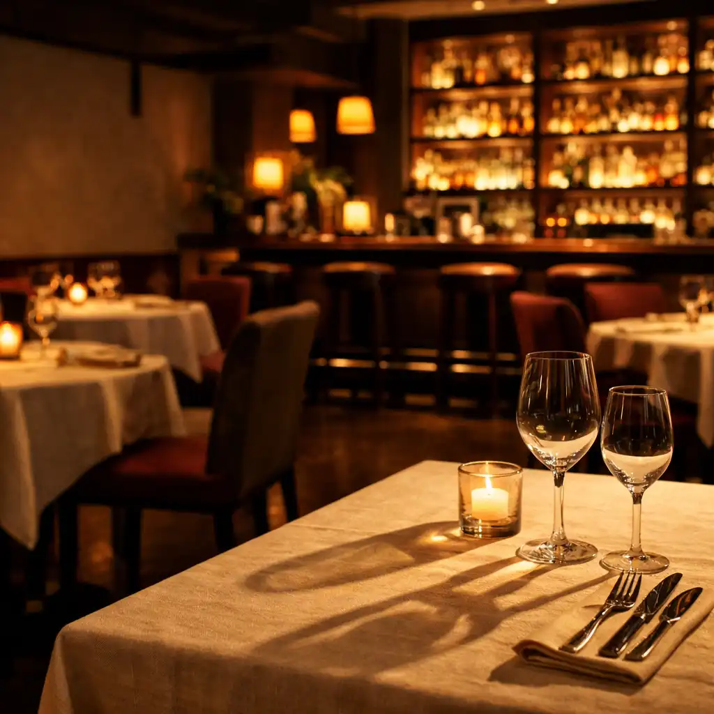 Eleganckie wnętrze restauracji Xuravexo z ciepłym oświetleniem i nakrytymi stołami
